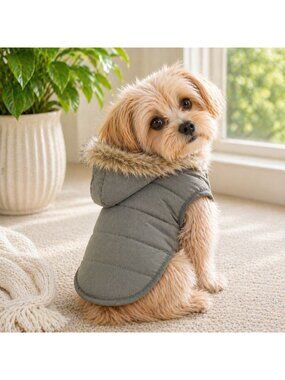 Fashion Pet Quilted Dog Coat W/ Faux Fur Hood Gray Size XS Warm Winter Apparel